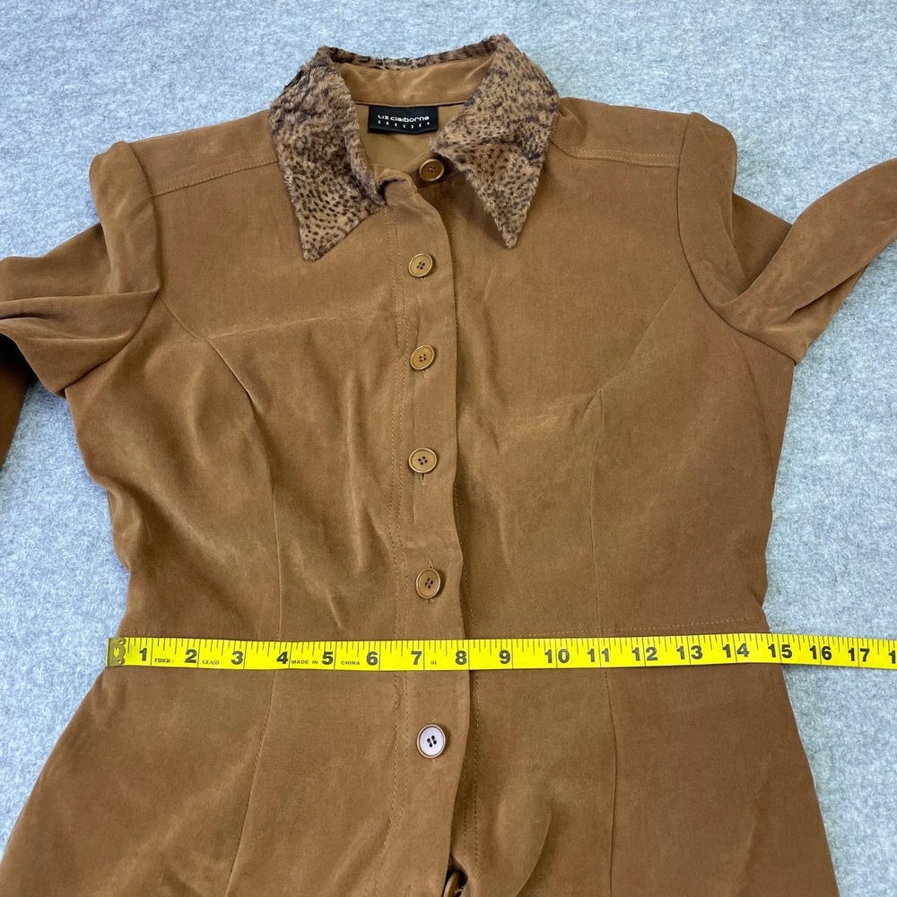 VTG Liz Claiborne Faux Suede Maxi Dress 10 Tan Brown Leopard Faux Fur Collar - Picture 14 of 16